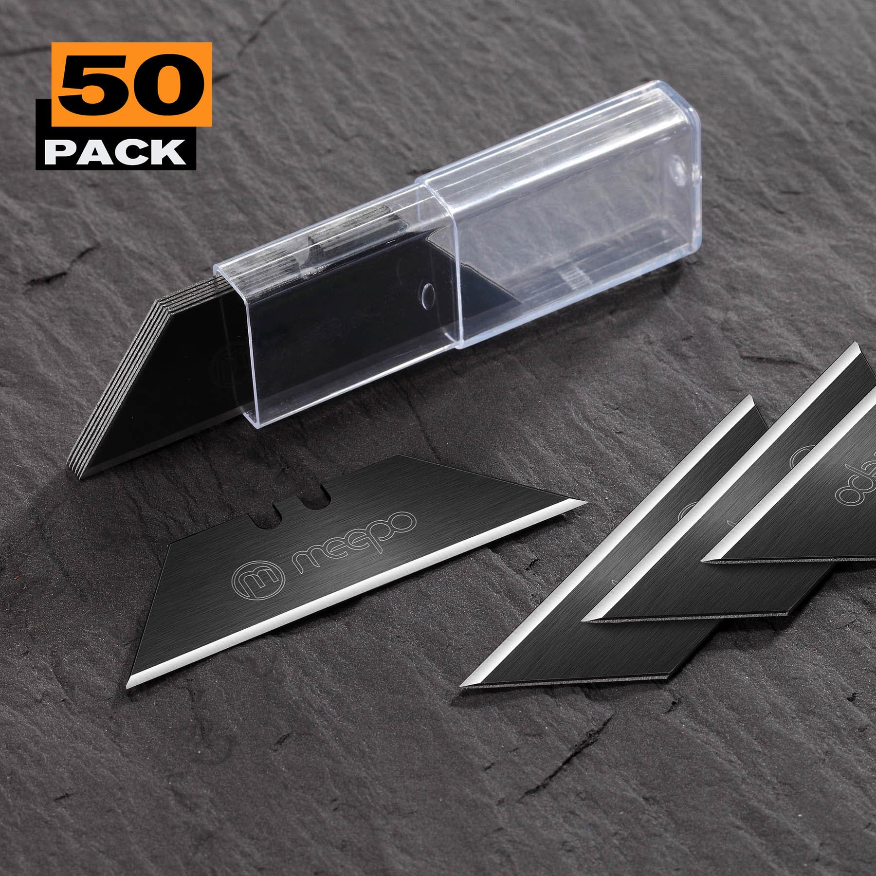 M MEEPO 50-Pack Utility Knife Blades, Blackened SK-2 Razor Blades for Box Cutter Utility Knife, Never Rust Design, Extra Durable