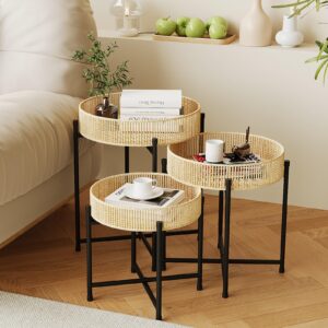 bamworld rattan side tables round nesting tables boho end tables for living room bedside tables for small spaces set of 3 coffee tables hand woven night stands with metal legs