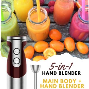 MegaWise 5-in-1 Hand Blender Set with Variable Speed Control, 400W Immersion Blender - Includes Whisk, Milk Frother, Chopper, and Beaker for Smoothies, Soups, and Baby Food (RED)