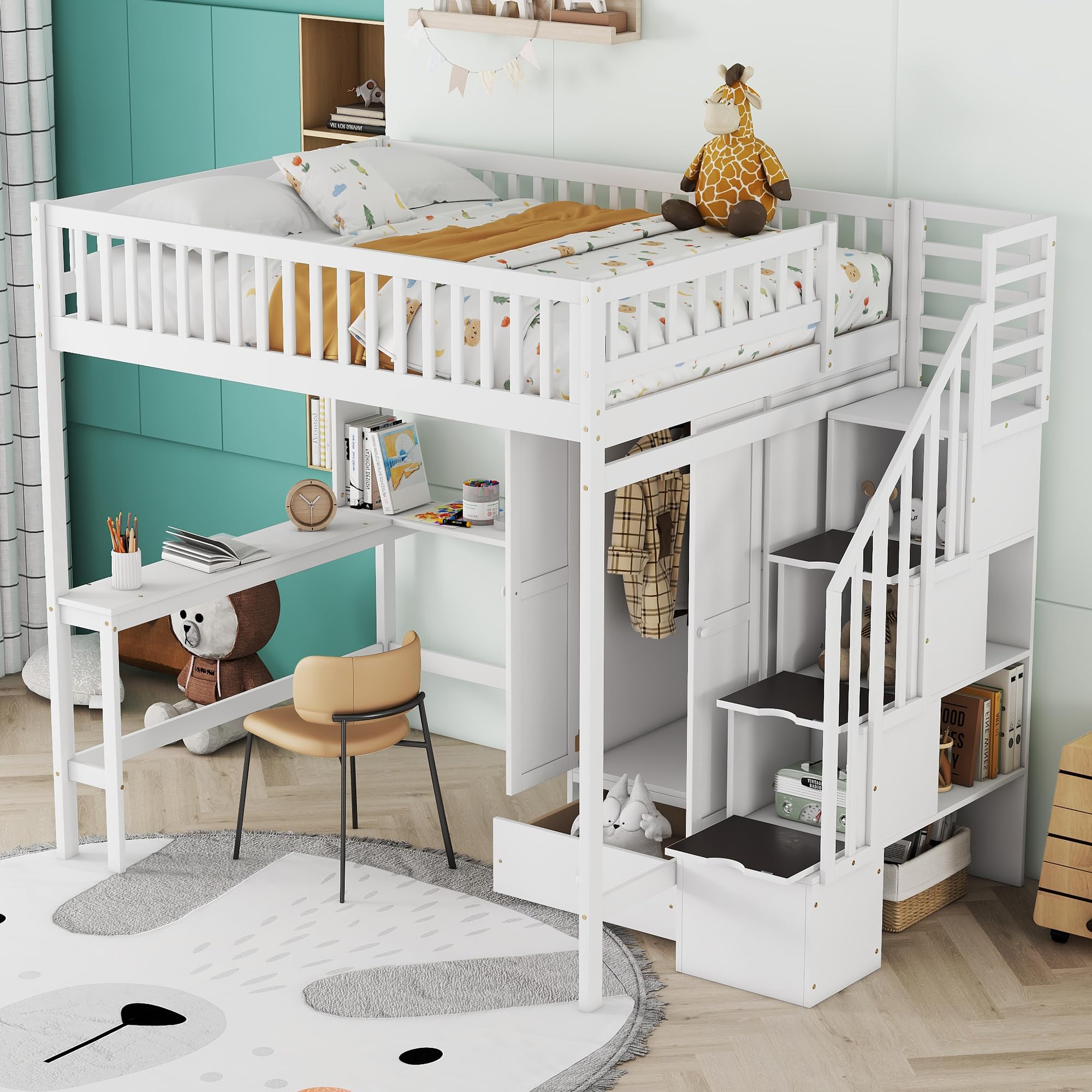 Modern Wood Full Size Loft Bed with Bookshelf,Desk and Wardrobe,Drawers and Storage Stairs,for Kids Boys Girls Teens Adults Bedroom (White@Wardrobe, Full)