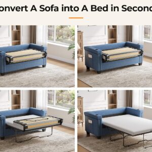 Fadware Pull Out Sofa Bed, Twin Size Sleeper Sofa Couch with Memory Foam Mattress, 2 in 1 Convertible Pullout Couch Bed with USB Charging Ports for Compact Living Space, Apartment, Office, Blue