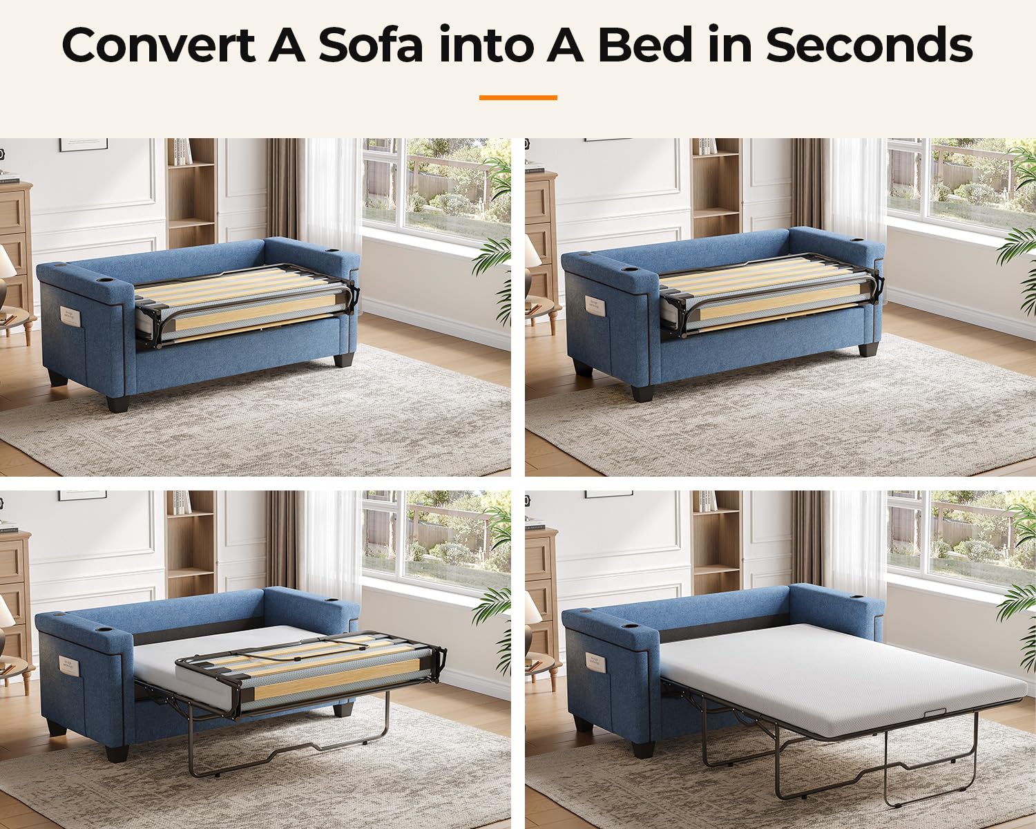 Fadware Pull Out Sofa Bed, Twin Size Sleeper Sofa Couch with Memory Foam Mattress, 2 in 1 Convertible Pullout Couch Bed with USB Charging Ports for Compact Living Space, Apartment, Office, Blue