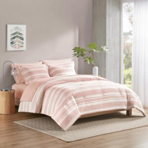 Codi Pink and White Full Comforter Set with Sheets, Bed in a Bag for Women, 7 Piece Complete Bedding Sets with 1 Striped Comforter, 2 Pillow Shams, Flat Sheet, Fitted Sheet and 2 Pillowcases