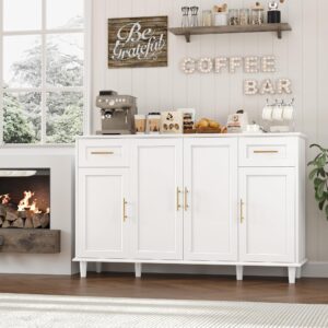 hostack 55" modern sideboard buffet cabinet with storage, large kitchen buffet storage cabinet with drawers and shelves, wood coffee bar cabinet with gold handles for kitchen, living room, white