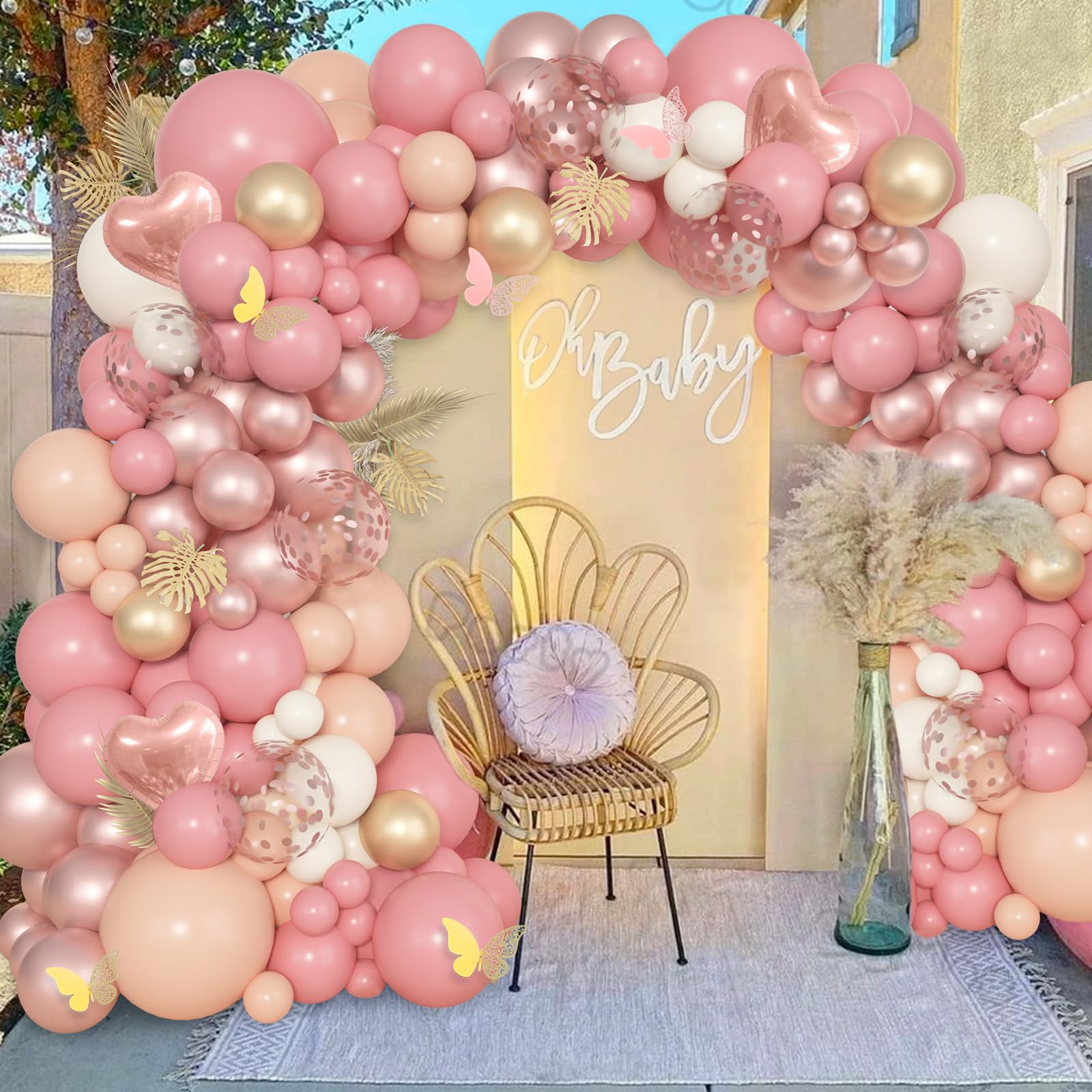 Ouddy Life 174Pcs Boho Blush Pink Balloons Arch Garland Kit, Retro Dusty Pink Balloons Nude Rose Gold Confetti for Girls Baby Shower Mother’s Day Weddings Birthday Bachelorette Party Decorations