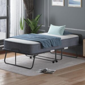 CECER Twin Size Rollaway Bed with 5 Inch Foam Mattress, 75" x 38" Folding Bed, Space-Saving Guest Bed with Headboard, Portable Foldable Bed for Adults with Sturdy Metal Frame and Dust Cover