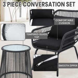 wildformers 3 Pieces Rattan Wicker Bistro Set, Outdoor Conversation Set, Wicker Furniture Set with Glass Top Table, Space Saving for Balcony, Backyard, Black