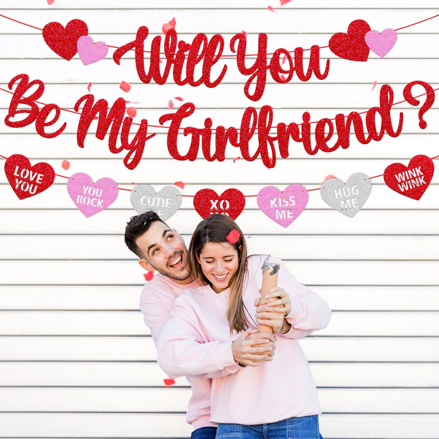 Will You Be My Girlfriend Banner Be My Girlfriend Glitter Heart Garland Happy Valentine’s Day Party Decoration Glitter Red and Pink Be My Valentine Romantic Party Supplies