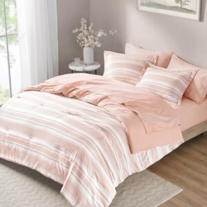 codi pink and white full comforter set with sheets, bed in a bag for women, 7 piece complete bedding sets with 1 striped comforter, 2 pillow shams, flat sheet, fitted sheet and 2 pillowcases