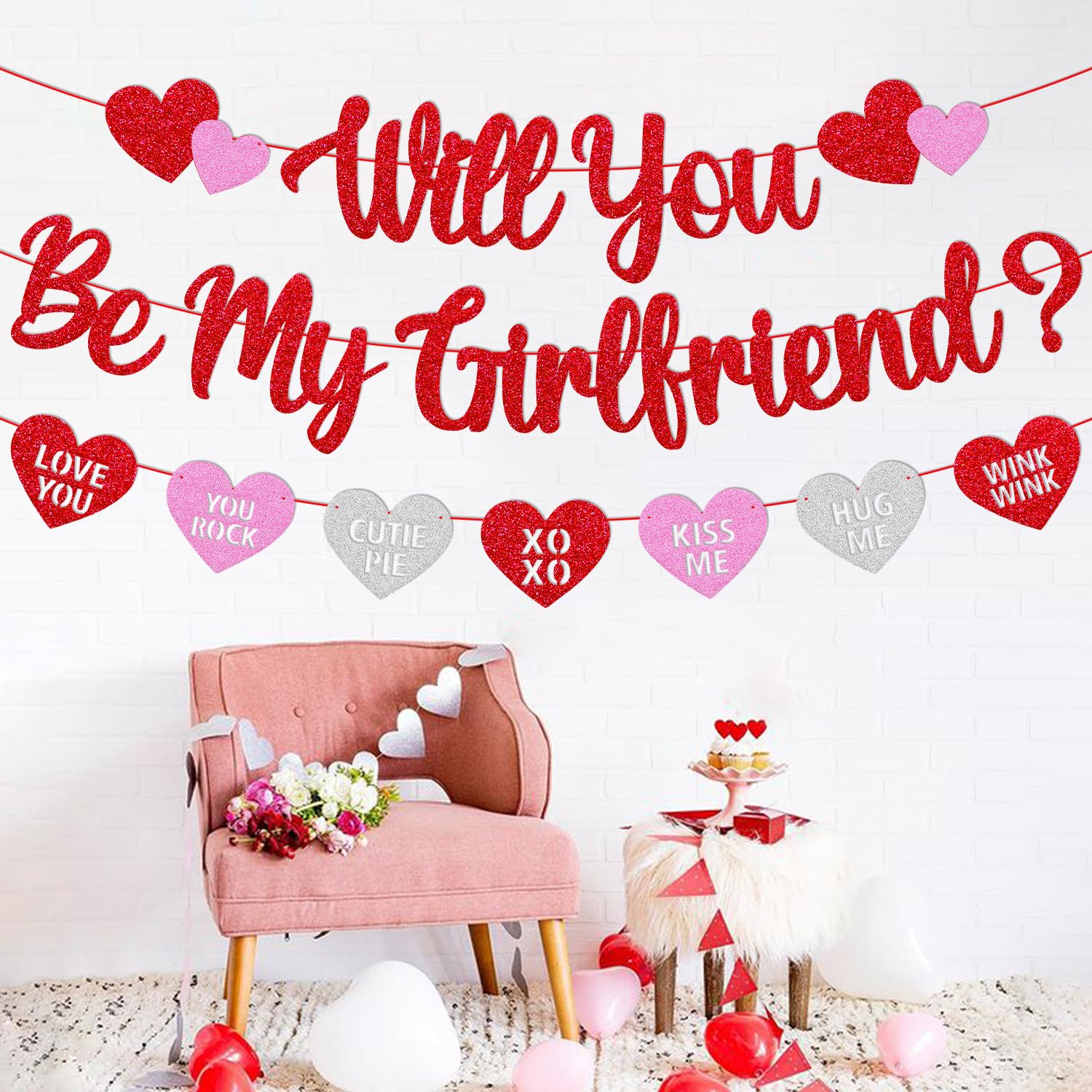 Will You Be My Girlfriend Banner Be My Girlfriend Glitter Heart Garland Happy Valentine’s Day Party Decoration Glitter Red and Pink Be My Valentine Romantic Party Supplies