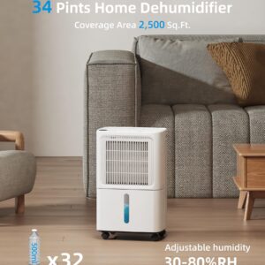 VEAGASO 2500 Sq. Ft Dehumidifier for Basement, 34 Pint Dehumidifiers For Home, Large Room, Auto Drain or Manual Drainage, Digital Control Panel, Auto Defrost, 24H Timer, Child Lock