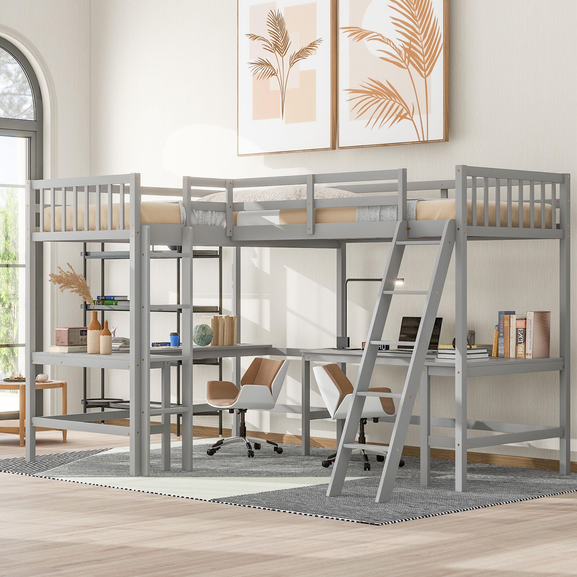 CITYLIGHT L-Shaped Loft Bed with 2 Built-in L-Shaped Desks,Wood Twin Size Loft Bed with Desk Underneath for Kids,Double Loft Beds with Guardrails and Ladders for Boys Girls Teens,Grey