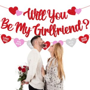 Will You Be My Girlfriend Banner Be My Girlfriend Glitter Heart Garland Happy Valentine’s Day Party Decoration Glitter Red and Pink Be My Valentine Romantic Party Supplies