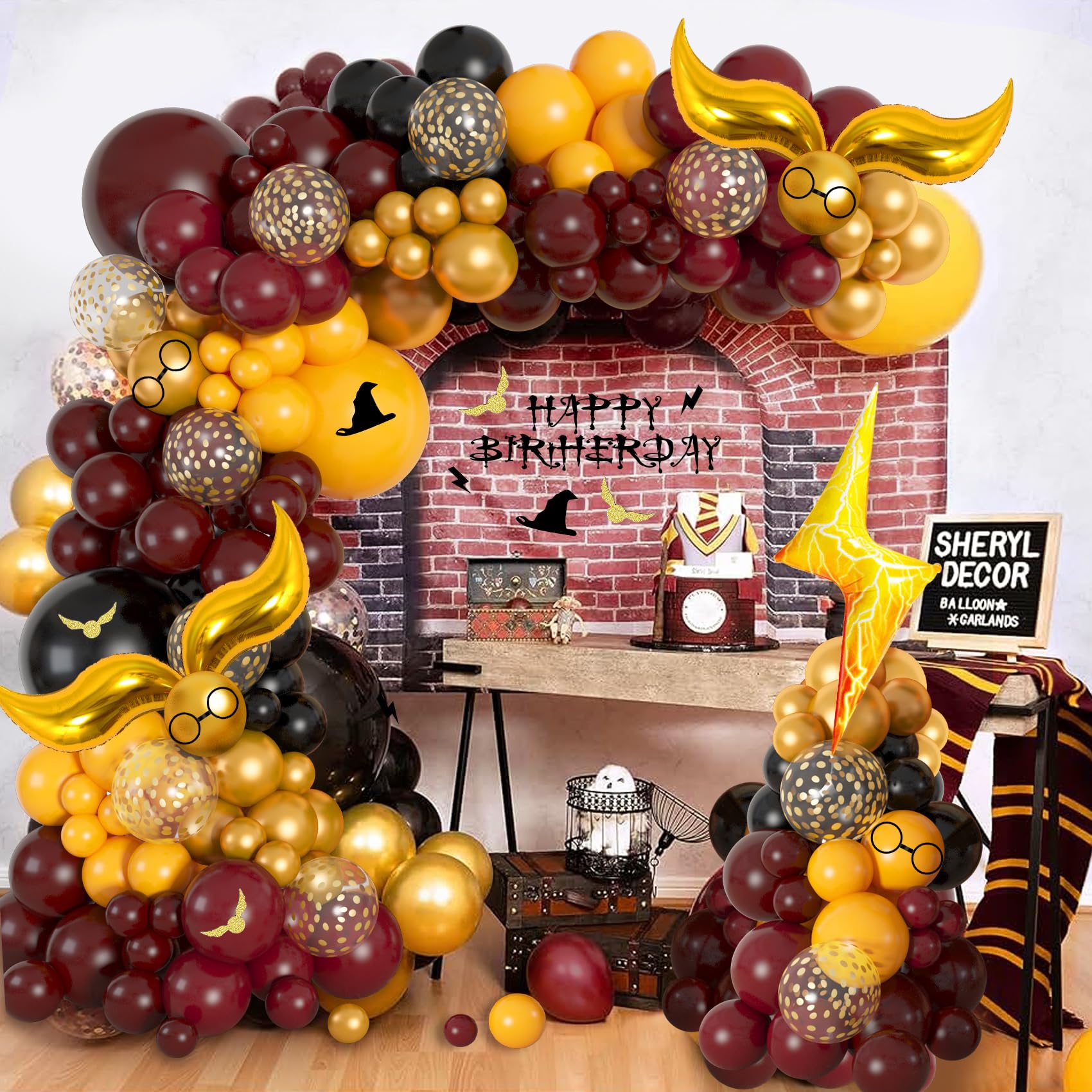 Ouddy Life 172pcs Magical Wizard School Balloons Garland Arch Kit Burgundy Black Gold Confetti Snitch Wizard Hat Balloon for Halloween Magic Themed Birthday Decorations Baby Shower Party Supplies