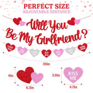 Will You Be My Girlfriend Banner Be My Girlfriend Glitter Heart Garland Happy Valentine’s Day Party Decoration Glitter Red and Pink Be My Valentine Romantic Party Supplies