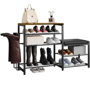 x-cosrack stylish 5-tier shoe rack bench with seat and boot-hanging- entryway storage organizer in industrial design brown black