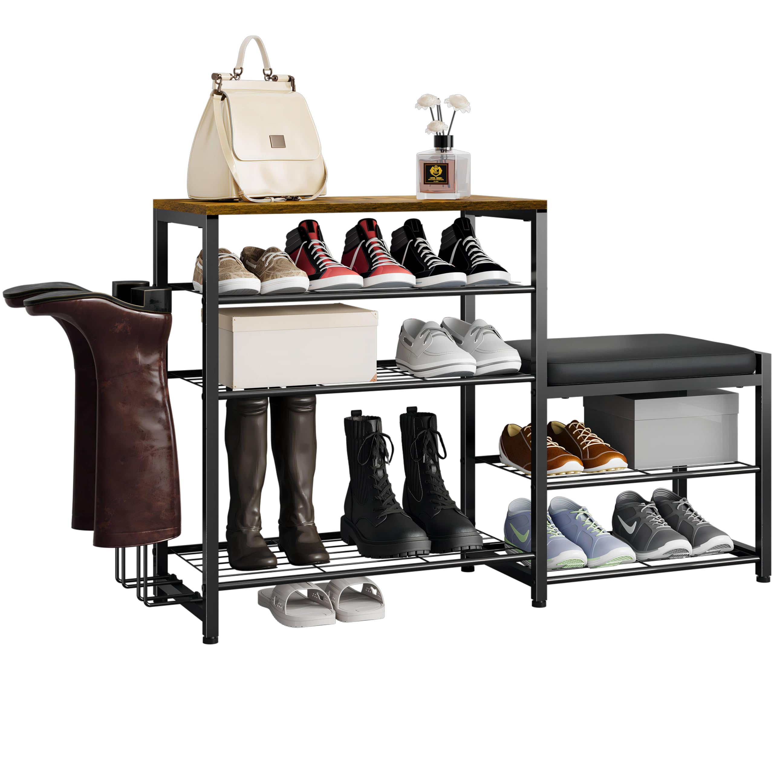 X-cosrack Stylish 5-Tier Shoe Rack Bench with Seat and Boot-Hanging- Entryway Storage Organizer in Industrial Design Brown Black