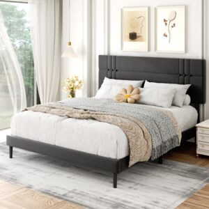 Bekusu Upholstered Queen Bed Frame with Adjustable Headboard and Sturdy Wooden Slats, Non-Slip and Noise-Free Design No Box Spring Needed Easy Assembly Dark Grey