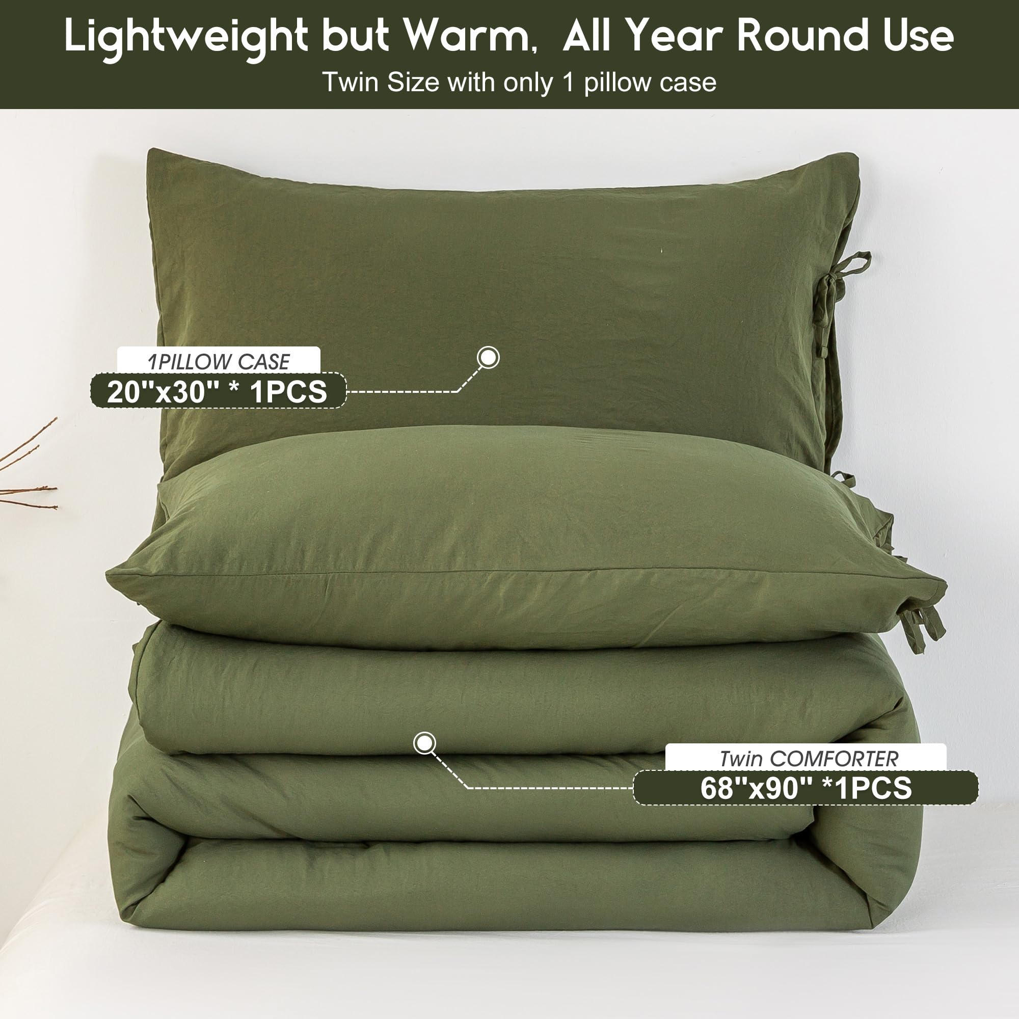 BOHOPOPM Softness Solid Olive Green Twin/Twin XL Bed Comforter Set - Lightweight Cozy Modern Polycotton Bed Blanket for Kid Teen Children All Season Use - 1 Down Alternative Comforter & 1 Pillowcase