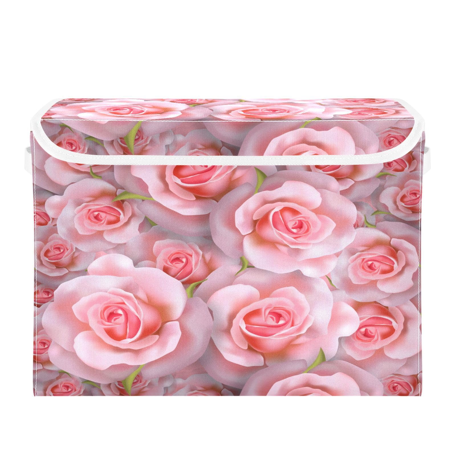 DIGTIA Pink Roses Storage Bins with Lids Large Valentines Day Flower Storage Basket with Handles Foldable Fabric Storage Box Organizer for Clothes Toys Closet Cabinet Home Office Bedroom