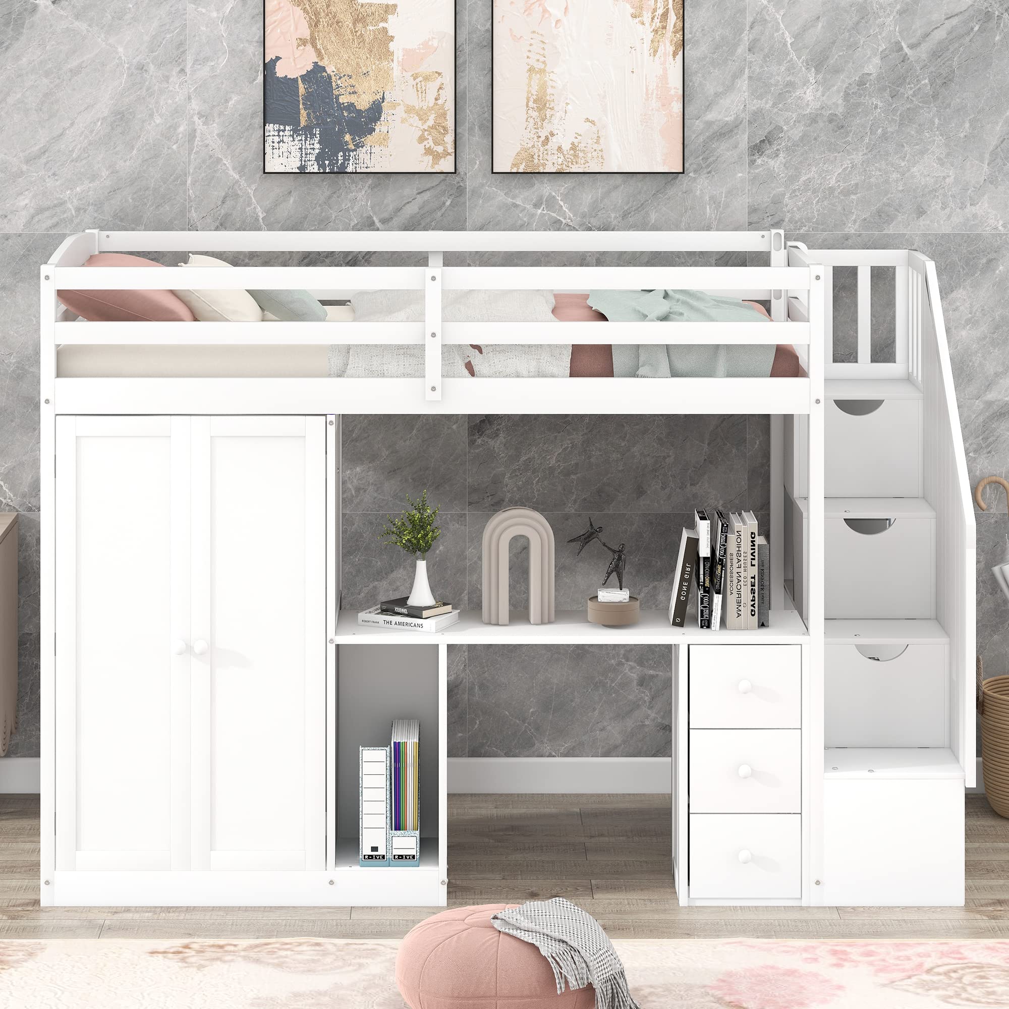 BOVZA Twin Size Loft Bed with Stairs and Wardrobe, Wooden Twin Loft Bed Frame with Desk and Storage Drawers and Cabinet in 1 for Kids Girls Boys Teens, White