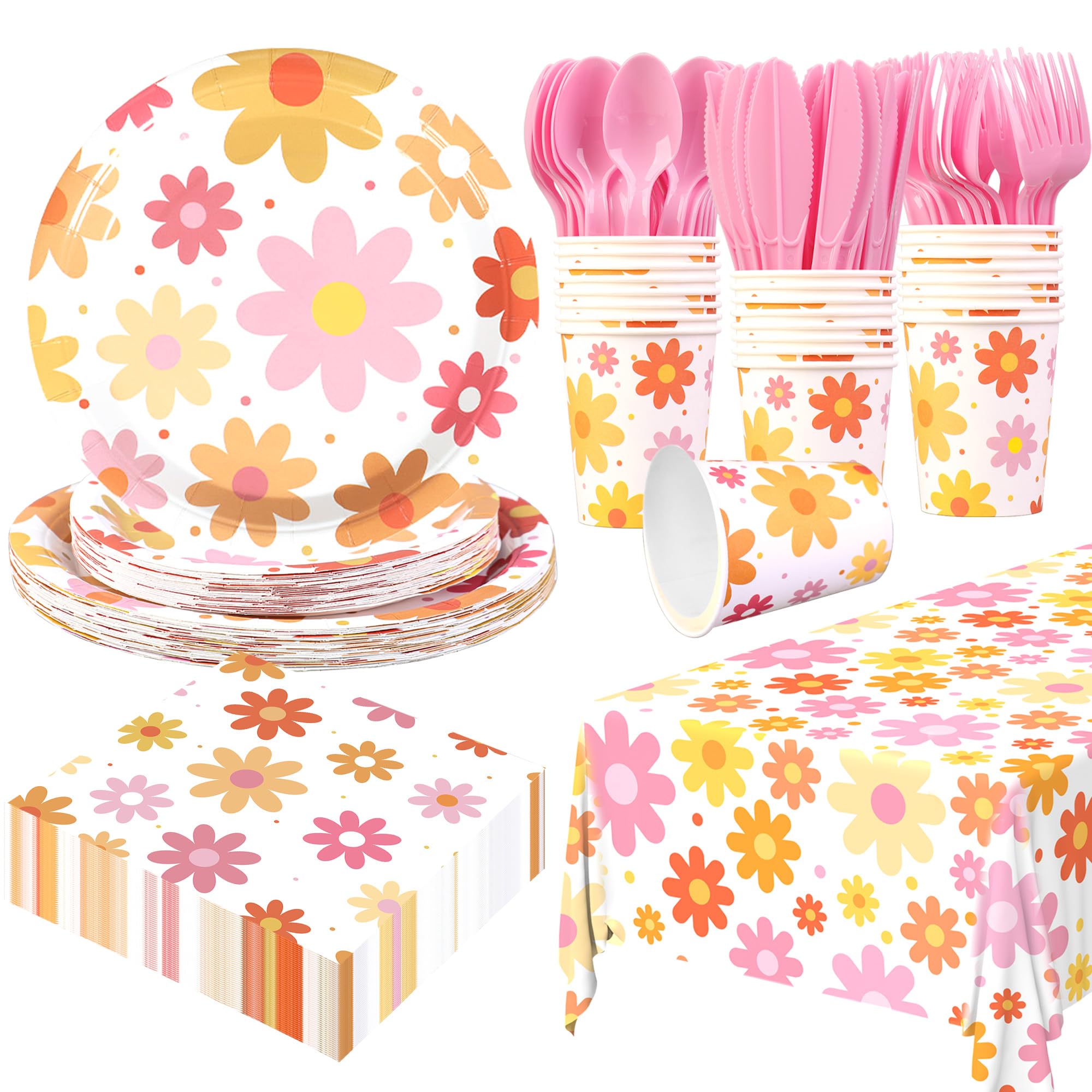 Groovy Party Supplies Daisy Groovy Party Tableware Set Serves 24 Include Boho Daisy Tablecloth Hippie Tableware Set for Groovy Boho Hippie Retro Birthday Baby Shower Party Decor