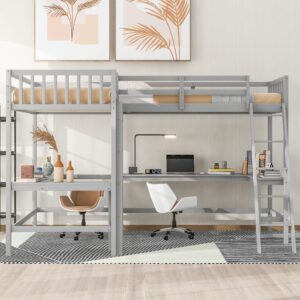 CITYLIGHT L-Shaped Loft Bed with 2 Built-in L-Shaped Desks,Wood Twin Size Loft Bed with Desk Underneath for Kids,Double Loft Beds with Guardrails and Ladders for Boys Girls Teens,Grey