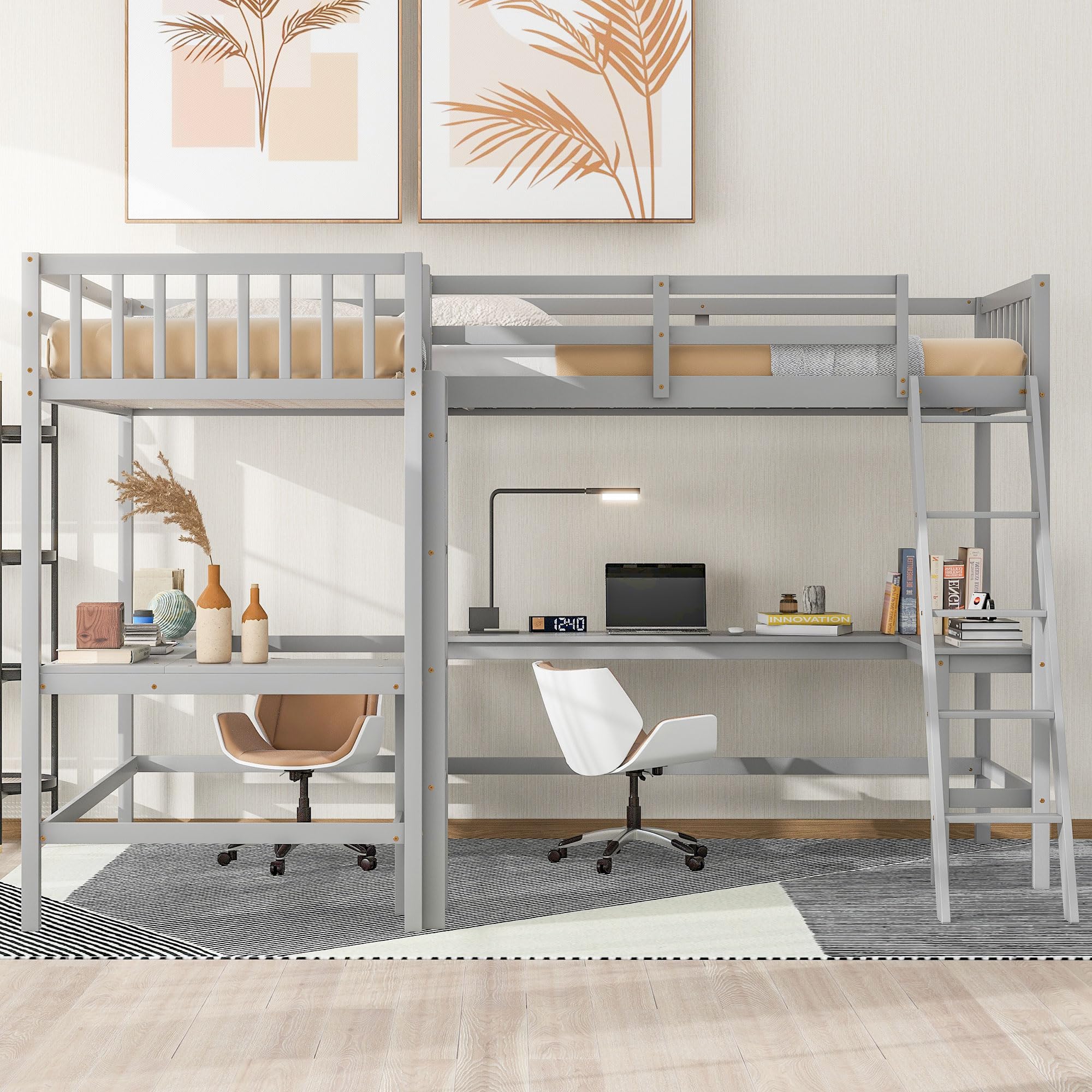 CITYLIGHT L-Shaped Loft Bed with 2 Built-in L-Shaped Desks,Wood Twin Size Loft Bed with Desk Underneath for Kids,Double Loft Beds with Guardrails and Ladders for Boys Girls Teens,Grey