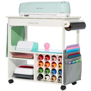 ivyne craft cart, ultimate organization & storage table for cricut/silhouette, craft table with storage, workstation for accessories, ivyne berry, vinyl rolls, and more - white