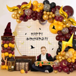 Ouddy Life 172pcs Magical Wizard School Balloons Garland Arch Kit Burgundy Black Gold Confetti Snitch Wizard Hat Balloon for Halloween Magic Themed Birthday Decorations Baby Shower Party Supplies