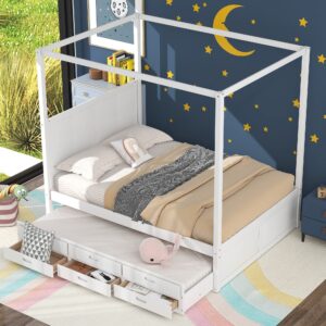 favfurish queen size canopy platform bed with twin-size trundle and three storage drawers,easy to assemble,wood bed-frame for children teens adults,suitable for bedroom,white