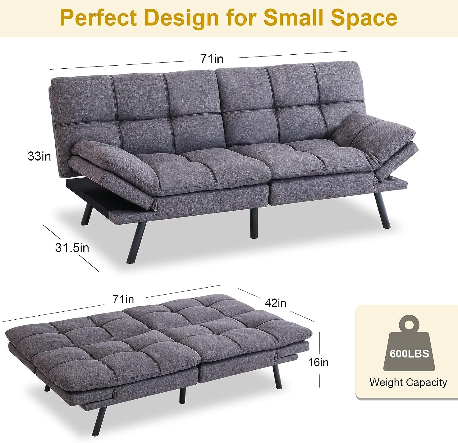 MUUEGM Futon Sofa Bed Convertible Futon Couch Bed Memory Foam Modern Sofa Couch Sleeper Sofa Love Seat with Adjustable Armrests Couches for Living Room Offices Apartments Small Spaces,Grey