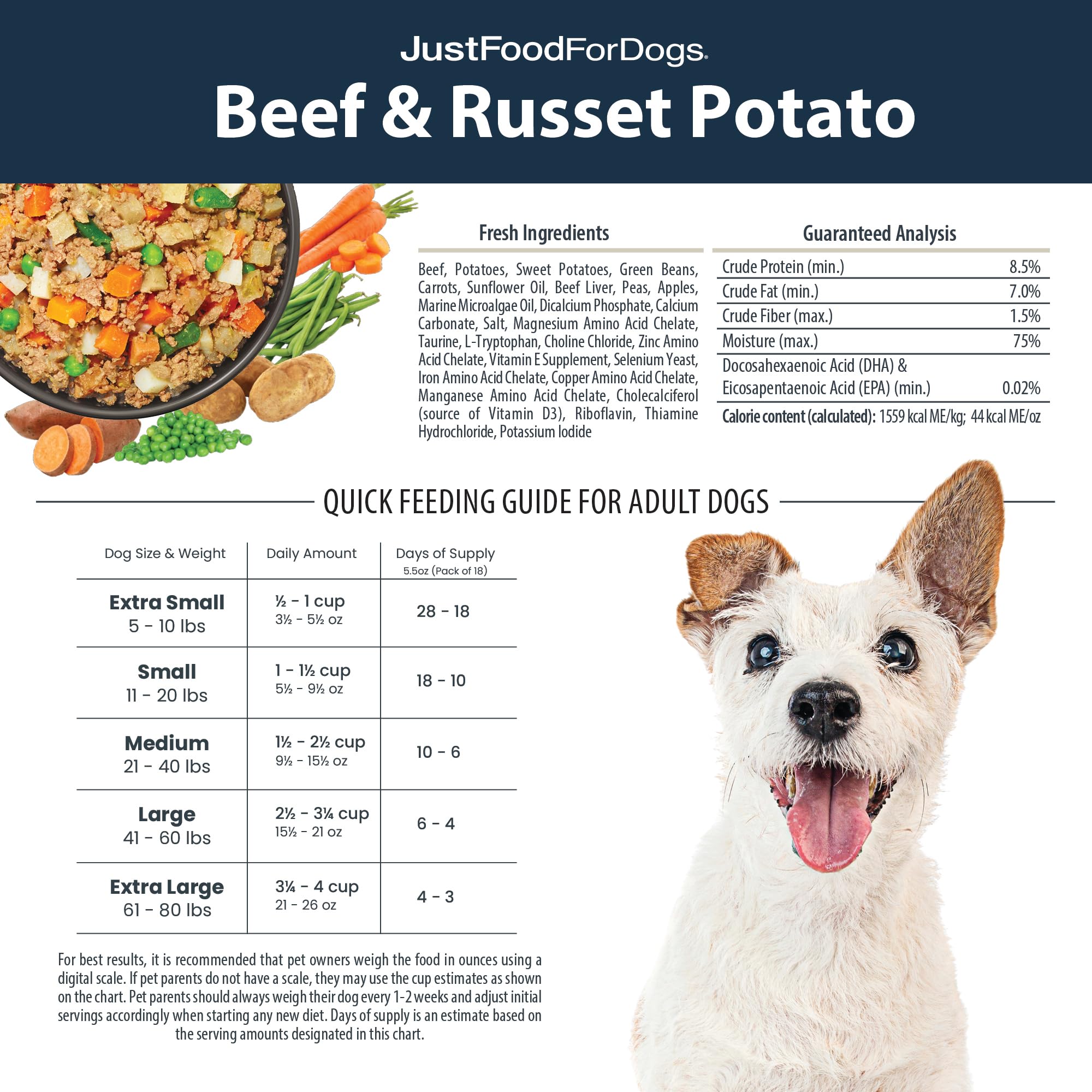 JustFoodForDogs Frozen Fresh Dog Food, Complete Meal or Dog Food Topper, Beef & Russet Potato Human Grade Dog Food Recipe, 5.5 oz (Pack of 18)