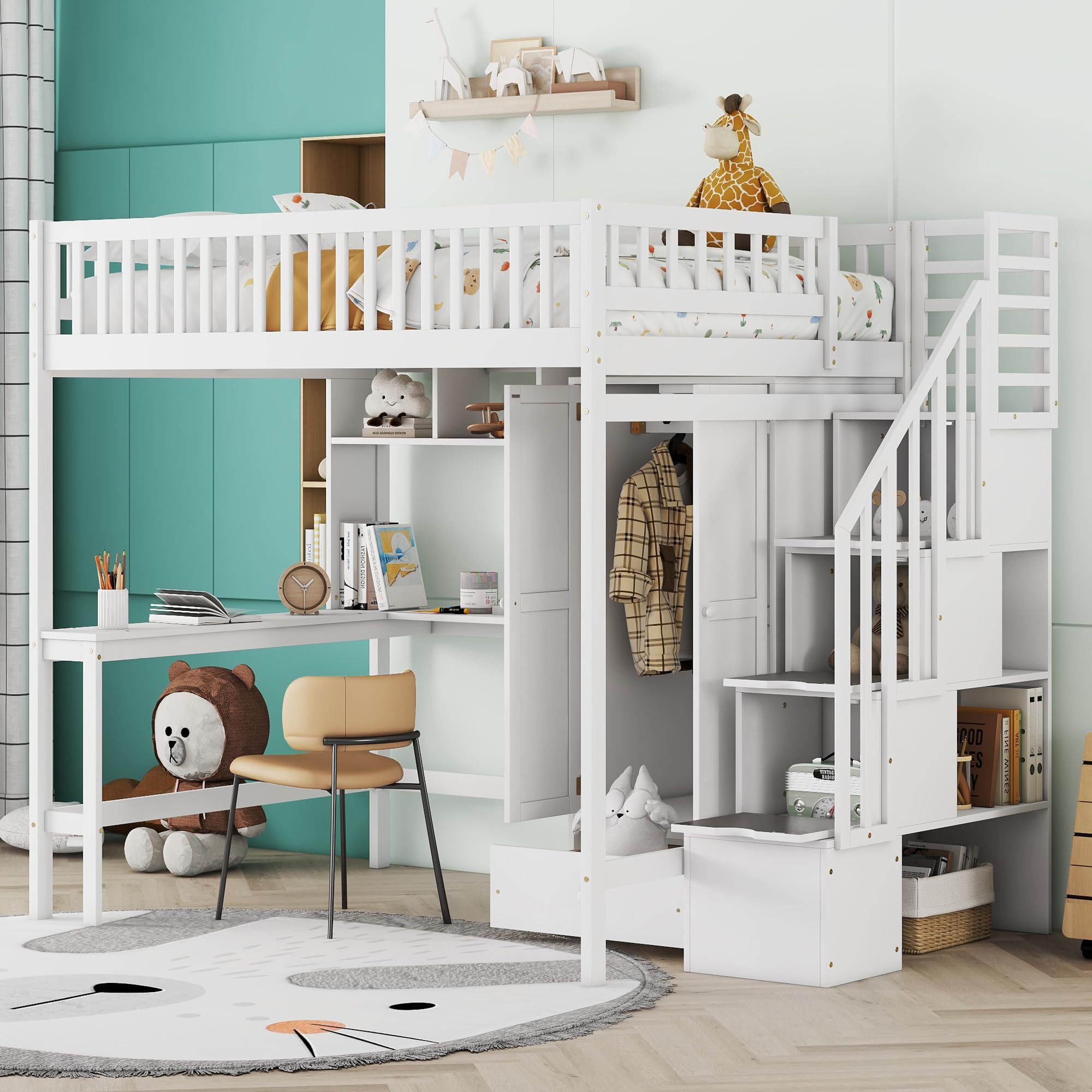 Modern Wood Full Size Loft Bed with Bookshelf,Desk and Wardrobe,Drawers and Storage Stairs,for Kids Boys Girls Teens Adults Bedroom (White@Wardrobe, Full)