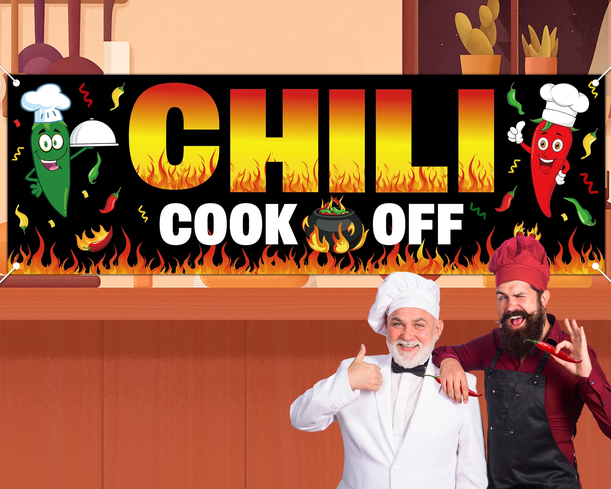 QOUBAI Chili Cook Off Decorations Banner 71 x 24 Inches Black Hot Chili Pepper Contest Banner Chili Cook Off Party Supplies for Mexican Fiesta Cinco De Mayo Chili Cooking Competition Festival Prizes