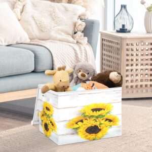 DIGTIA Summer Sunflower Bouquet Storage Bins with Lids Large White Rustic Wood Storage Basket with Handles Foldable Fabric Storage Box Organizer for Clothes Toys Closet Cabinet Home Office Bedroom