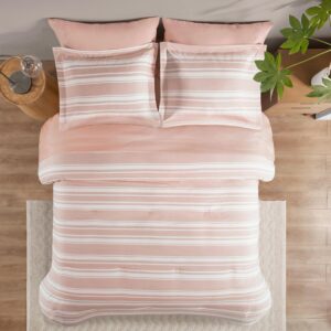 Codi Pink and White Full Comforter Set with Sheets, Bed in a Bag for Women, 7 Piece Complete Bedding Sets with 1 Striped Comforter, 2 Pillow Shams, Flat Sheet, Fitted Sheet and 2 Pillowcases