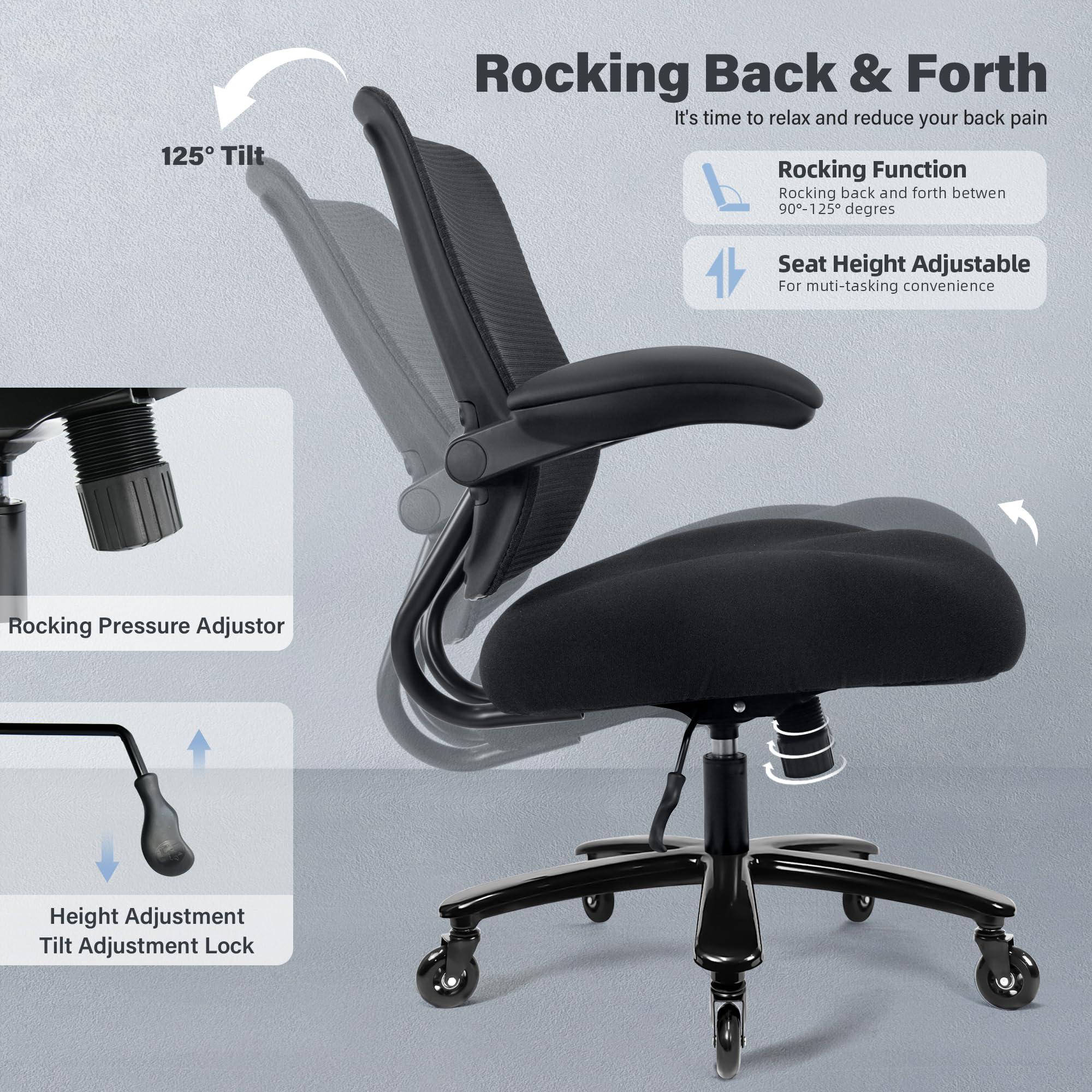 500lbs Big and Tall Office Chair - Heavy Duty Mesh Ergonomic Desk Chair, High Back Computer Chair - Flip-up Armrests, Wide Thick Seat Cushion, Quiet Wheels