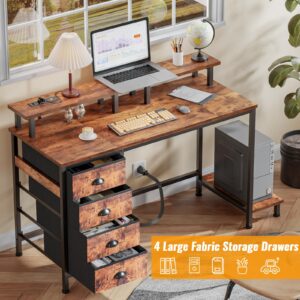 Furologee Computer Desk with 4 Fabric Drawers, 47" Gaming Desk with Power Outlets and LED Lights, Home Office Desk with Full Monitor Stand and Shelf, Study Writing Desk for Bedroom, Rustic Brown