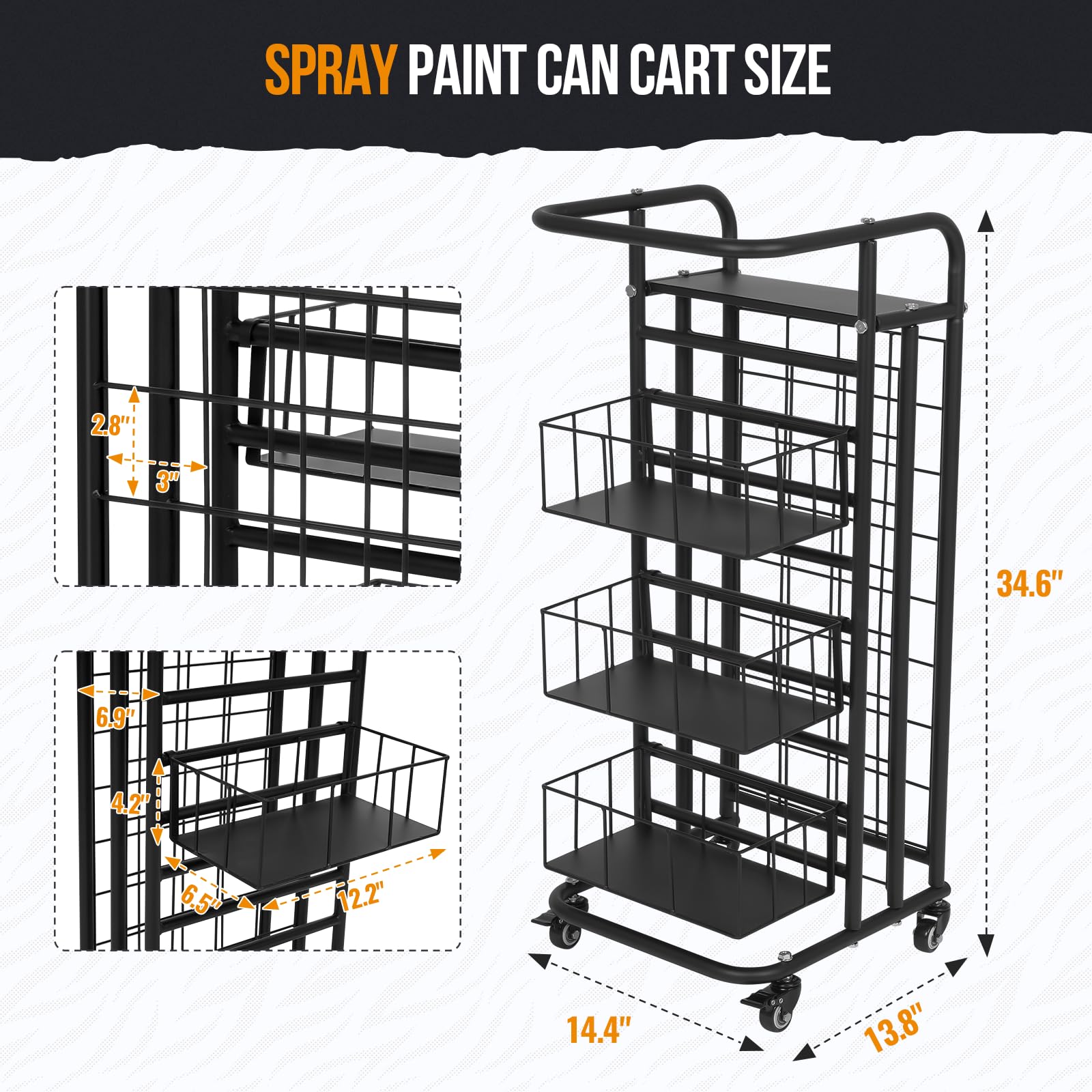 Nisorpa Spray Paint Can Holder 32 Slots Aerosol Can Storage Rack 8-Tier Metal Lube Can Holder Movable Spray Can Organizer Cart with 3 Baskets for Garage Craft Workroom Shop-1pc,Black