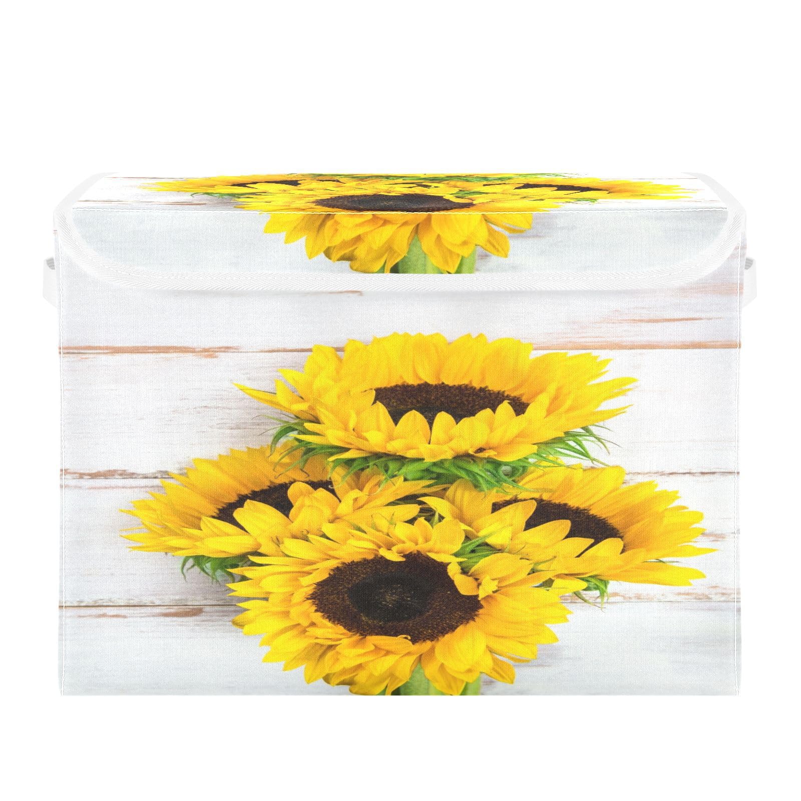 DIGTIA Summer Sunflower Bouquet Storage Bins with Lids Large White Rustic Wood Storage Basket with Handles Foldable Fabric Storage Box Organizer for Clothes Toys Closet Cabinet Home Office Bedroom