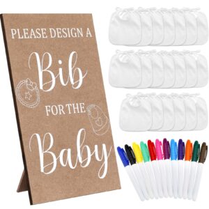 panitay 43 pcs baby shower games white baby bibs design games, include wooden baby shower game sign with 30 blank white bibs for baby decorating 12 marker for baby shower(classic style)