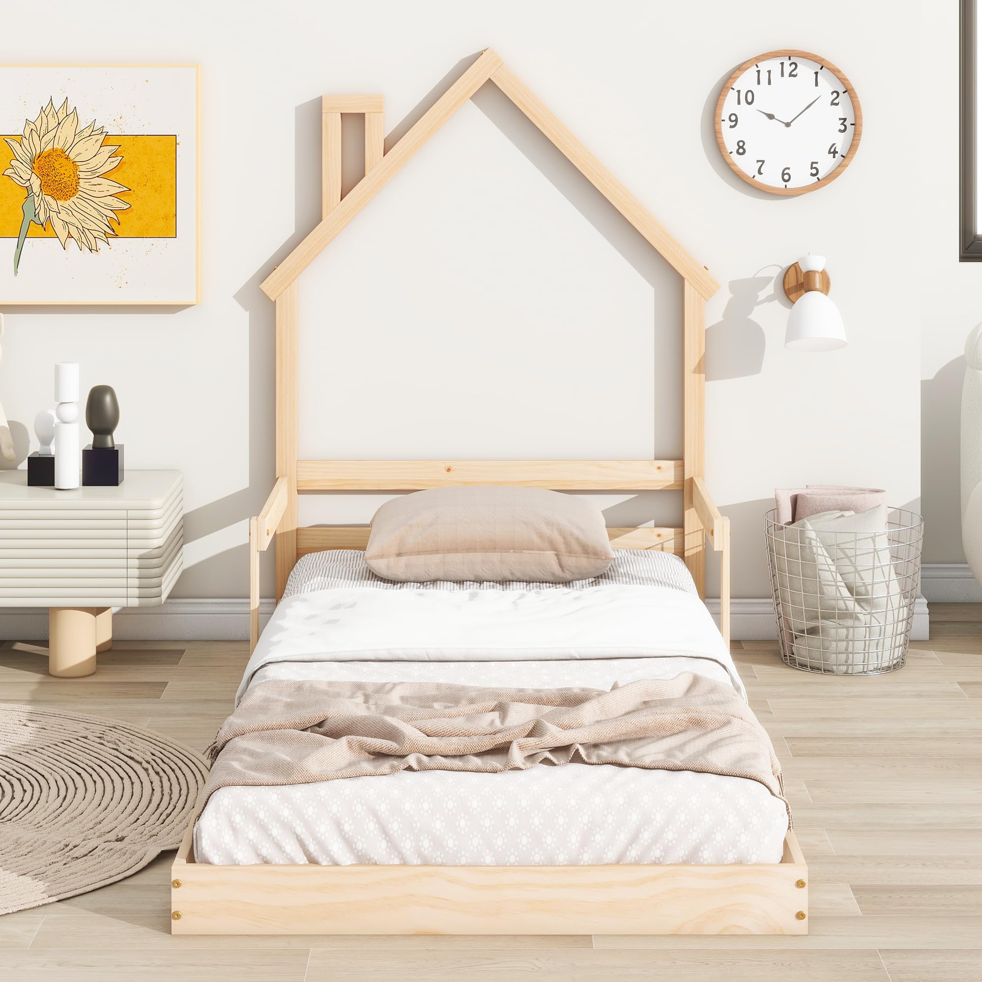 Dolonm Twin Size Floor Bed with House-Shaped Headboard and Handrails, Wooden Bed Frame with Slats, Gift for Bedroom Decor, Twin Size (Natural Wood)