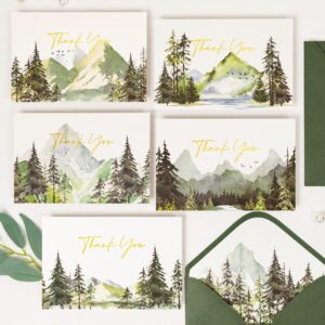 crisky thank you cards 5 assortment, watercolor forests mountains landscape gold foil greeting cards bulk (50 cards with envelopes for birthday, baby shower, bridal shower, wedding, all occasion)