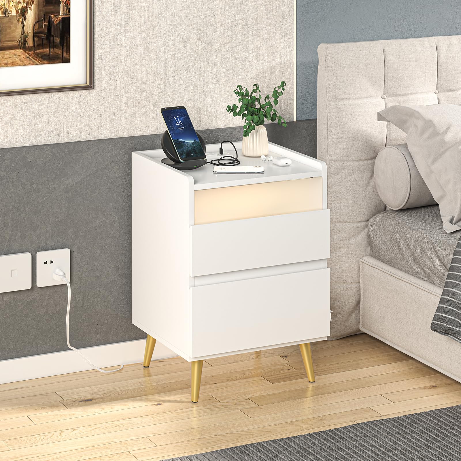 Nightstand with Charging Station, Bedside Table with USB & Type-C Port, Modern End Table with 2 Drawers for Bedroom Furniture, White