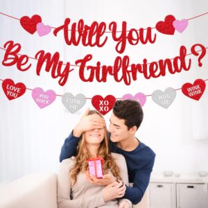 Will You Be My Girlfriend Banner Be My Girlfriend Glitter Heart Garland Happy Valentine’s Day Party Decoration Glitter Red and Pink Be My Valentine Romantic Party Supplies