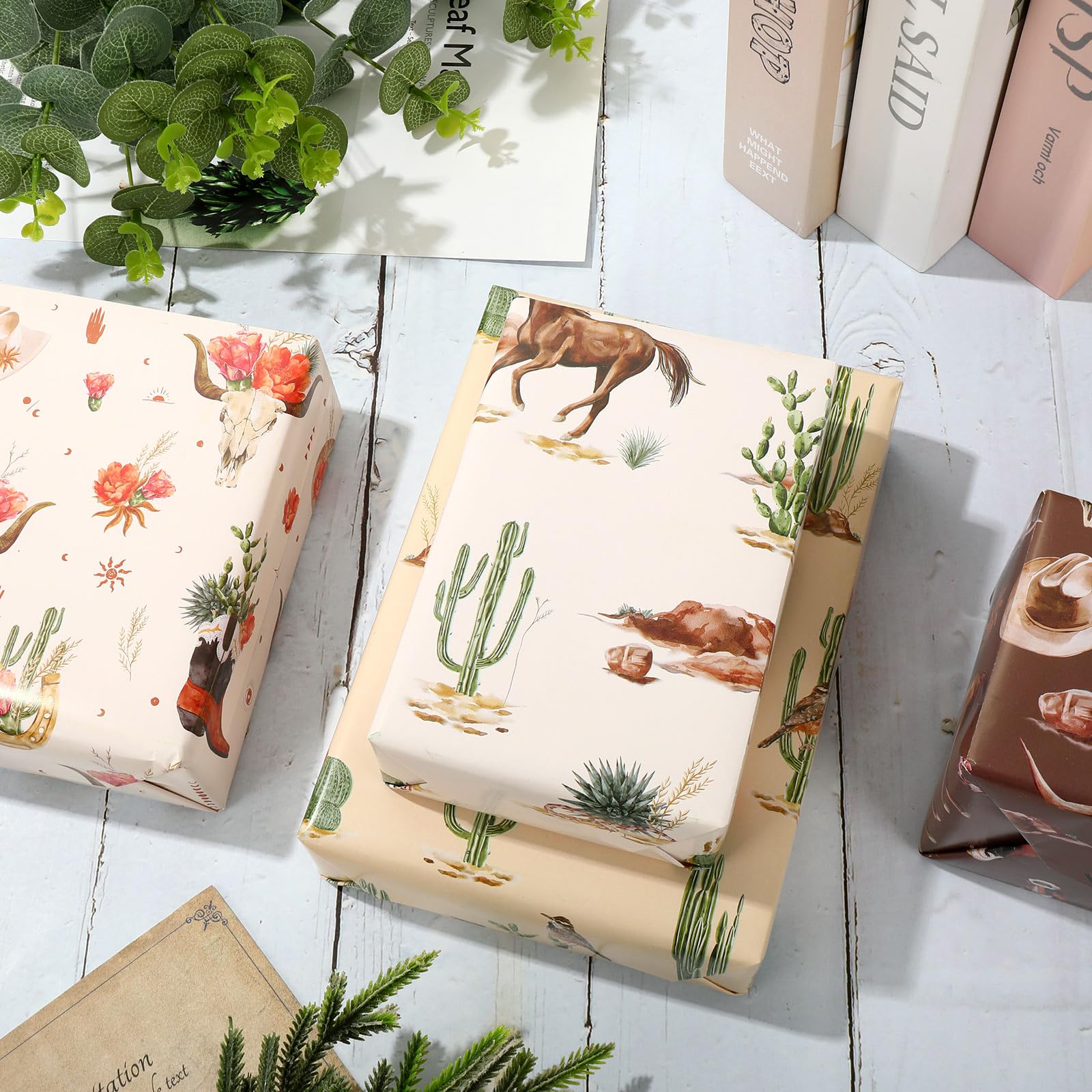 AnyDesign 12 Sheet Western Cowboy Wrapping Paper Wild West Horse Bull Cactus Gift Wrap Paper Bulk Folded Flat Funny Art Paper for Birthday Wedding Baby Shower DIY Crafts Gift Packing, 19.7 x 27.6 In