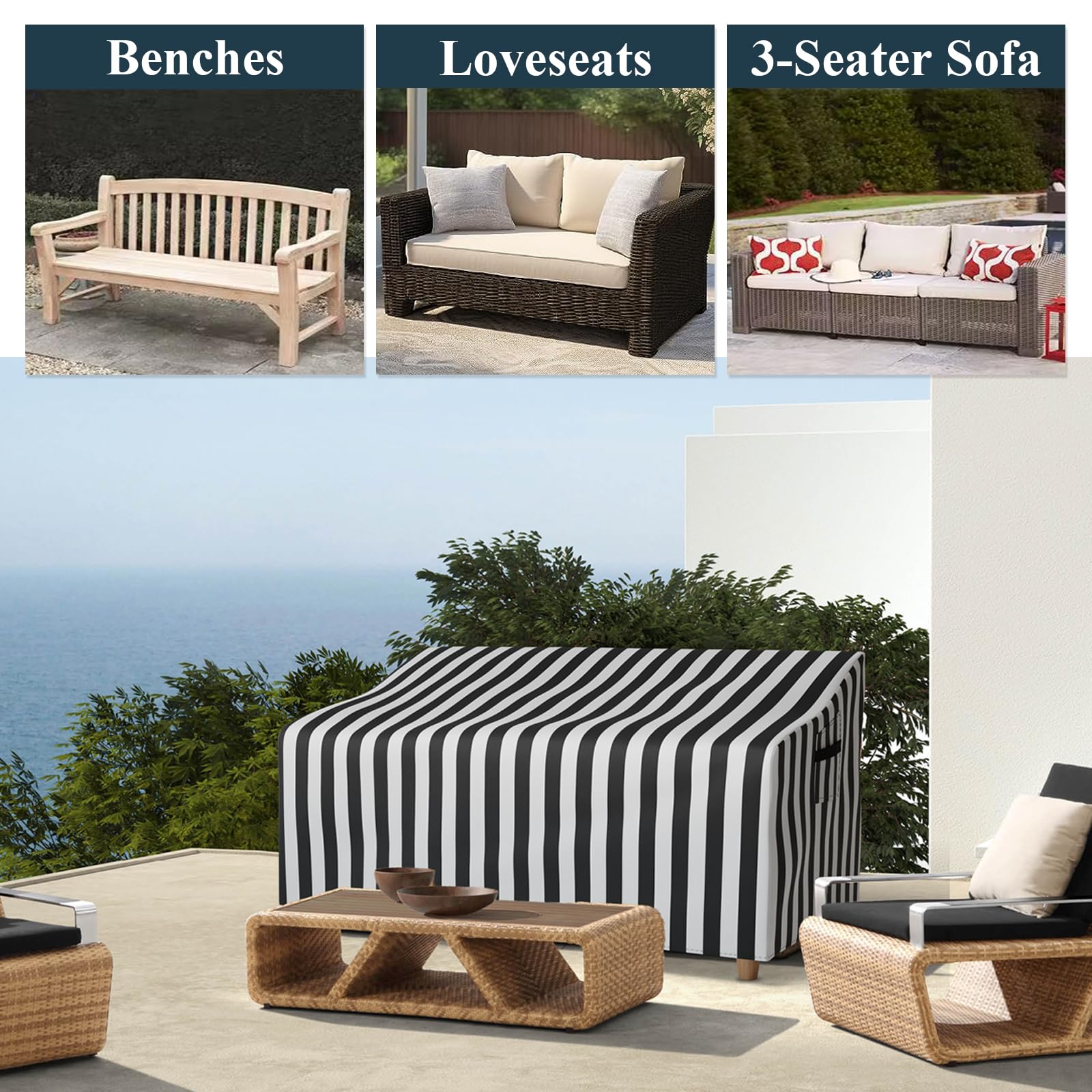 Hptmus Patio Furniture Covers - Patio Sofa Covers Loveseat Outdoor Furniture Cover Waterproof Heavy Duty Outdoor Patio Furniture Covers Patio Couch Cover, 66"W x 34"D x 38"H/Black&White Stripe