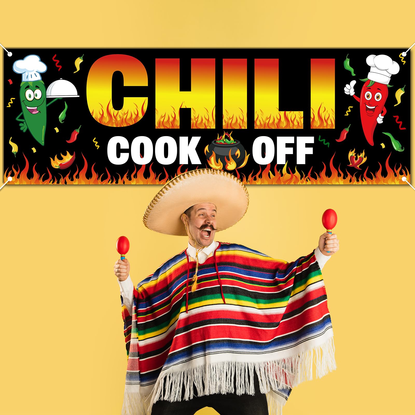 QOUBAI Chili Cook Off Decorations Banner 71 x 24 Inches Black Hot Chili Pepper Contest Banner Chili Cook Off Party Supplies for Mexican Fiesta Cinco De Mayo Chili Cooking Competition Festival Prizes