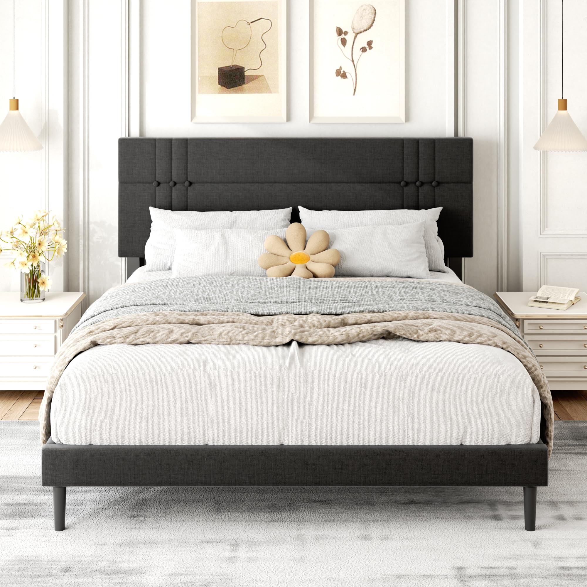 Bekusu Upholstered Queen Bed Frame with Adjustable Headboard and Sturdy Wooden Slats, Non-Slip and Noise-Free Design No Box Spring Needed Easy Assembly Dark Grey